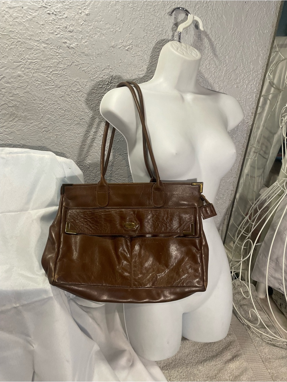 Women's Brown Leather Tote with Front Flap Pocket